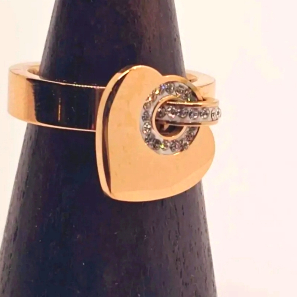 Rhinestone Heart Gold Charm Ring Size 9 avail.
